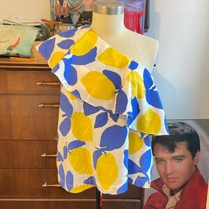 Loft Lemon Print Ruffle One Shoulder top S